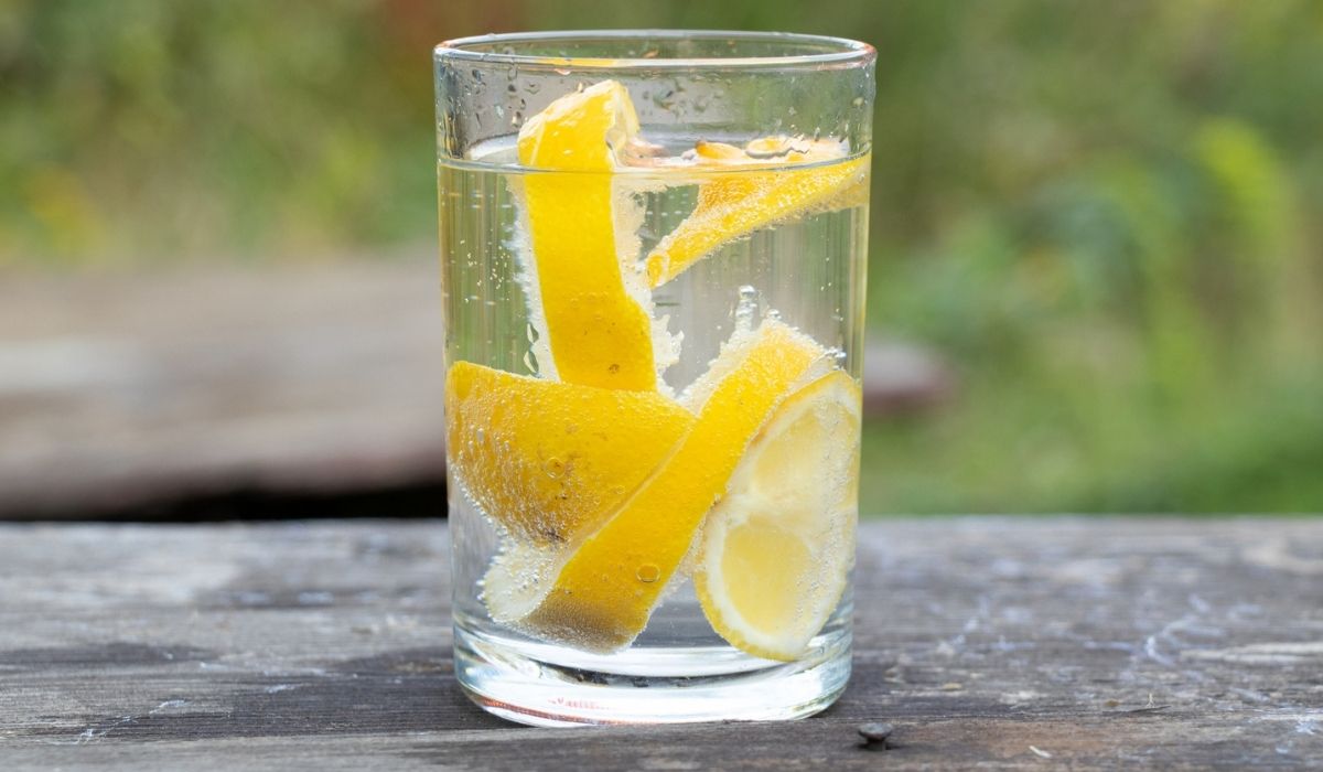 Carbonated water with pieces of lemon in a glass on a wooden table outside