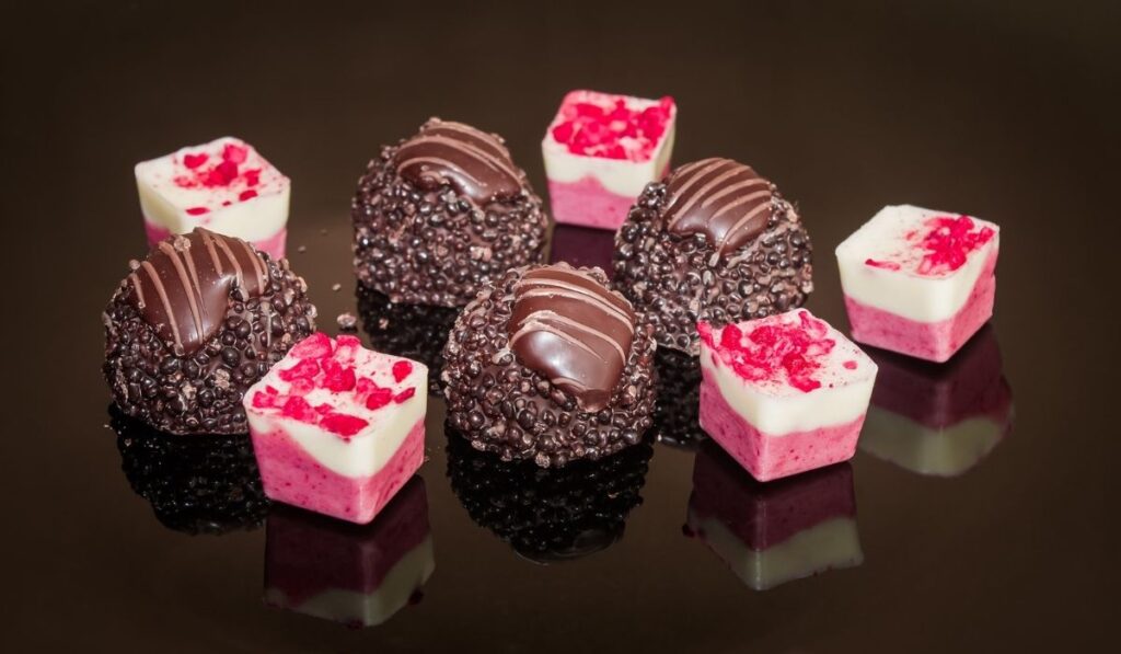 Variaton of chocolate pralines Assortment of dark white and milk chocolate 