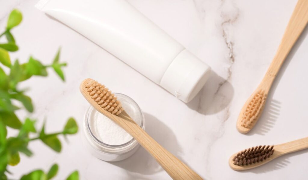Top view on natural bamboo toothbrushes 